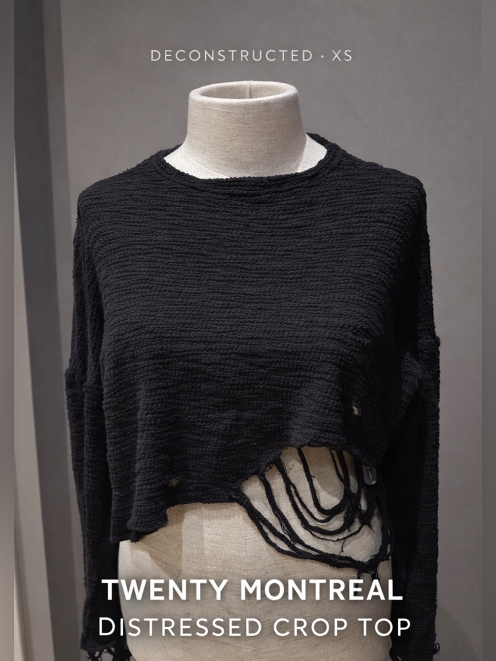 Twenty Montreal Distressed Crop Top XS Black Deconstructed Grunge Asymmetrical